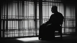 ، يظهر رجل جالس على كرسي في غرفة مظلمة. وجهه غير واضح، لكن يمكن رؤية عينيه مغمضتين. الرجل يرتدي ملابس سوداء، ويبدو أنه في حالة من الهدوء والتأمل.