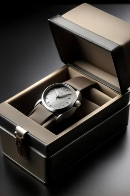 Produce an image of an elegant, leather-bound watch box with meticulous stitching details and a delicate embossed logo. The box should be opened slightly to reveal a high-end wristwatch nestled within."