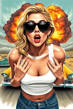 an young woman leaning forward(cropped tightly from between nose and stomach, white top with wide neck opening, cleavage, hands at side of face, with surprised expression, home alone scream, blonde wavy hair, large cheep sunglasses), nuclear explosion and 1950s Cars in background, greaser, digital painted illustration