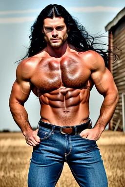 A very muscular man with long black hair, blue eyes, wearing a cowboy shirt and blue jeans