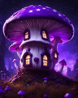 An illogically floating mushroom house on a clear night. white and white and purple, Stars Dark cosmic interstellar. Detailed Matte Painting, deep color, fantastical, intricate detail, splash screen, hyperdetailed, insane depth, concept art, 8k resolution, trending on Artstation, Unreal Engine 5, color depth, backlit, splash art, dramatic, High Quality Whimsical Fun Imaginative Bubbly, perfect composition