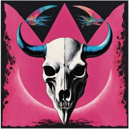 Iconic Pink Floyd's "dark Side of the Moon" album cover but instead it's made for "Danzig", Danzig's bull skull logo, by George Hardie, sinister, devil music, dark color spectrum.