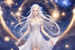 very beautiful cosmic women with white long hair, smiling, with cosmic dress and in the background there is a bautiful sky with stars and light beam