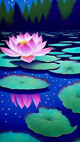 stunning mystic lotus flower on blu-green lake, starry night, high realistic, stunning