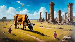 Surreal landscape painting, cow grazing in a field of ruins with small human figures, oil painting style inspired by Salvador Dali and Hieronymus Bosch, intricate details and textures, vibrant colors, long shot perspective.