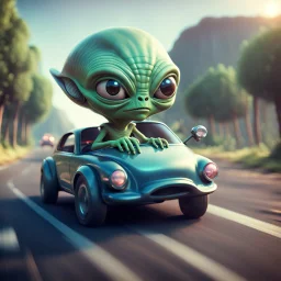 a cartoon alien driving a car down a road, a character portrait by Mike Winkelmann, featured on cgsociety, pop surrealism, rendered in cinema4d, daz3d, behance hd