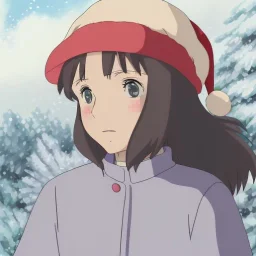 girl, Christmas hat on head, looking forward, anime art, cold weather, gray furry clothes,anime key visual of elegant young female