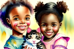 A cute smiling Afro-American girl is holding a kitten. Watercolour