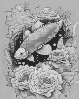 A koi carp full of roses, irezumi, japanese style, drawing, line work, outline, simple line style, black and white