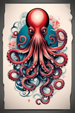 Create a captivating modern 2d colorfull ink tattoo design for print , prestigious (Japanese Octopus) using the elegant influences of japan art style, for print, dynamic elements from fashion and design, and bold Japanese contemporary art aesthetics, framing centered in the center, distanced from the edges of the paper perimeter, perfect anatomy, bauhaus, Divine Proportion,