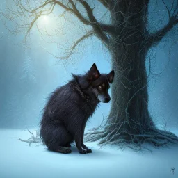 dark shadow behind sad, abandoned, miserable dog tied to a tree, family home in background, winter, loneliness, 8k resolution, high-quality, fine-detail, iridescent, intricate, digital art, detailed matte, volumetric lighting, illustration, 3D octane render, brian froud, howard lyon, selina french, anna dittmann, annie stokes, lisa parker, greg rutowski