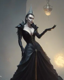 old evil queen in black leather gown, femme fatale, volouptous, busty, cleavage, angry, emperious, 8k resolution concept art portrait by Greg Rutkowski,