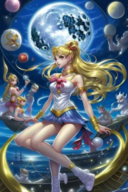 Create a stunning, full body, photorealistic illustration of Sailor Moon's transformation sequence, highlighting her evolution into a beautiful and powerful woman. Ensure that the details, colors, and lighting capture the essence of her character and the magic of the transformation