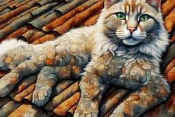 Golden ratio, ultra detailed watercolor painting, wet on wet painting, soft edges beautiful (((Masterpiece))) Create an image of a calico cat partially submerged in water, with its face and upper neck visible just above the surface. The cat has distinct patches of orange, black, and white fur, giving it a vibrant and colorful appearance. Its eyes are large and expressive, with a bright green hue that reflects the light filtering through the water. The background is a rich und