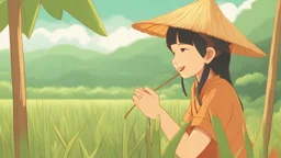 Rice field，Trees，Warm color palette，Animation，A lovely grasshopper，The laborer catches the grasshopper