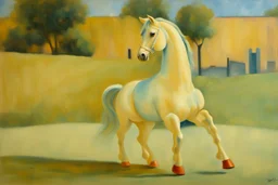 Big light blue plastic toy horse.19th painting