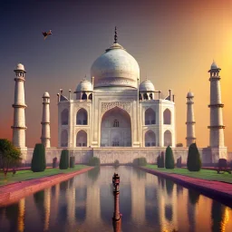 The Taj Mahal, Hindistan, sunset, fantasy art, flying birds, springs, landscaper, beautiful