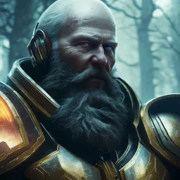 Epic Character design, strong Male void soldier wearing metal armor silver/black/dark gold, mist, photorealistic, octane render, unreal engine 5 style, ultra detailed, volumetric lighting, Organic Horror, old man with helmet scarred face with beard