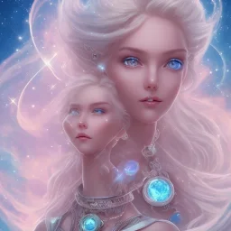 cosmic petit prince belle fine, profil de trois quart, grand front cosmique, peau bleu cristalline, yeux bleu, perle sur le front long cheveux blond et rose etoilé, cristaux sur le corps, collier de grande princesse, levres souriante, très jolie sourire