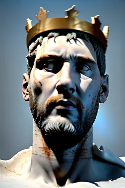 Ultra Realistic image, Roman sculpture, white marble material, Lionel Messi, gold crown of natural thorns, god crown, Miguel Angel style, sun rays background, waist up portrait, epic, celestial, cinematic lighting, God lights, 4k resolution, smooth details, soft lighting, unreal engine 5, art station, substance 3d.