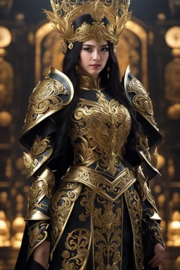 Realistic photography,front_view, (1Queen, looking at viewer), black long hair,traditional dress ornaments mechanical_armor, intricate armor, delicate golden filigree, intricate filigree, black metalic parts, detailed part, dynamic pose, abstrac background, dynamic lighting