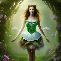 delicate hands with fruit basket, headband, upper body of dark celtic alice in wonderland, fast walker, as a brunette young cute feminine woman, short hair, green forest background, pond, mega flowers,peacock,sun light