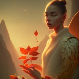 nasus portrait , detailed hands, at dawn by atey ghailan, golden light , white robe, holding leaves and flowers , angels background, volumetric light, high detail, red leaf tree, mountains in background, perfect