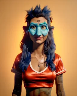 hybrid character, waitress sexy woman with monster muppet mask that covers her entire head, short shirt, tray, beer, old school tattoo, retro style, Sesame Street style, hot, smooth, unreal engine 5, god lights, ray tracing, RTX, lumen lighting, ultra detail, volumetric lighting, 3d.