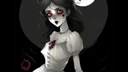 comix style, In the pallid moonlight, a peculiar girl appears - a vampire, her skin a haunting shade of spectral grey, as if she herself were wrought from the lonely heart of a forsaken moon. Cruel rubies are set into her eyes, glowing with ominous liveliness against her lifeless pallor. Blood, a sinister accompaniment to her form, the colour of garnet, seems to drip off her like a macabre jewel, casting a chilling aura of dangerous enchantment about her.
