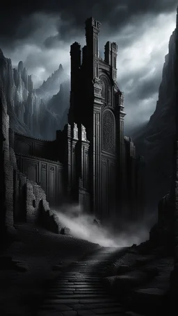 huge black door, stone, black, darkness, ancient, fantasy. high wall