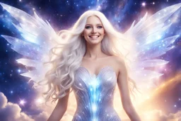 very beautiful cosmic women with white long hair, smiling, with cosmic dress and crystal wings. in the background there is a bautiful sky with stars and light beam