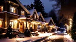 a photo of houses on a street full of snow houses with christmas decorations and lighting, 8k reslotuion photo look
