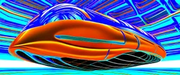 award winning car and driver photograph of a futuristic station wagon dirigible hybrid designed by only one vehicle per image painted metallic orange traveling at a high rate of speed, jet intake off of front center of vehicle and jet exhaust out the rear with bright blue flame, bilaterally symetrical, more a high speed road vehicle