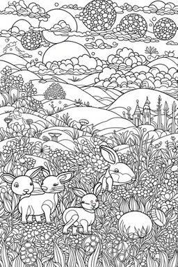 STRESS RELIEF themed coloring page for adult, A cute meadow filled with fluffy bunnies surrounded by gently rolling hills and dotted with wildflowers creating a sense of tranquility and simplicity, cartoon style, thick outline, low details, no shading, no color