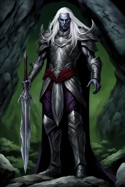 The male Dark Elf (drow) the mysterious warrior with dark purple skinned flowing long white hair and red eyes, slender, tall, wearing dark plate silver metal armor, standing a tall, old stone cave, next rocks, and a little green river, realistic, high detailed, dark fantasy, masterpiece, crepy stunning