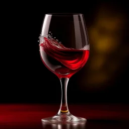 Create an artistic representation of a wine glass with a rich, red wine pouring gracefully into it. Capture the moment when the wine is suspended in mid-air, forming a beautiful arc as it enters the glass. The background should have soft, warm lighting to accentuate the colors and enhance the overall feeling of elegance and indulgence.