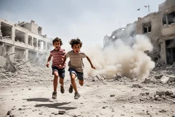 children running from bombs in a ruined city in Palestina, smoke and fire