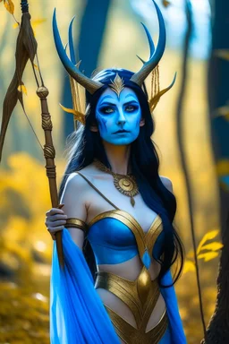 A picture of a beautiful blue faced Indian goddess with skin painted blue, blue body, blue torso, wild black hair, stag antlers, elven ears, golden skirt, holding a staff in a sunny forrest