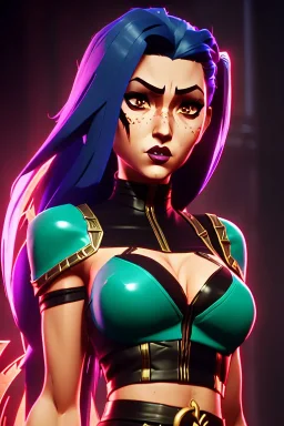 j.scott campbell, serena from mortal kombat, full head to toe portrait, lathe build, wearing black and red mini skirt, thigh high boots and crop top, big green eyes, eyes are both in proportion, 3/4 look, full pouty lips, long black hair with small red streak, small up turned nose, large breasts, small waist, round butt, standing, dark cobblestone alley, one halo white light behind head, non photorealistic rendering