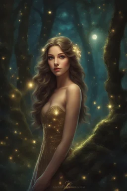 Painting of a dream girl in a fantasy forest, glitters in the forest background, haunted forest, digital painting, inspired by thomas kinkade, fantasy painting, dancing girl, song, fantasy art, fantasy girl, beautiful girl, beautiful face, young girl, beautiful painting, forest In the background, dark night, glitter in the background, fantasy forest, high quality, 4k