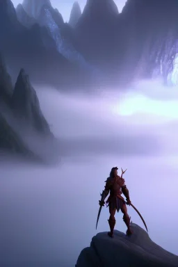 dark elf man, lord of the rings, forest, sunset, mystic, fog render unreal, cave exit, mountain,