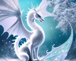 mdjrny-v4 style, a white dragon with fairy-like transparent glowing and sparkly wings standing in snow, full body, silver and teal background, glowing soft and smooth wings, realistic, highly detailed intricately detailed, shiny snowy background, soft studio lighting, trending on artstation, by artist "Julie Bell", by artist "Greg Rutkowski"