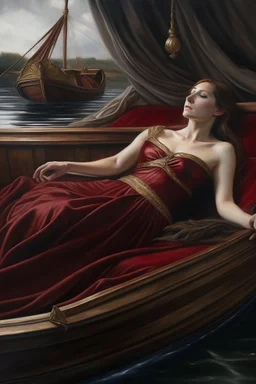 Oil painting A woman lies in a boat and next to her the king reclines and looks at her wearing a dark red dress exposed from above in the ancient era Photorealistic