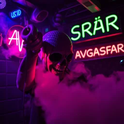 A exhaust pipe performing at dance club, his name is "exhaust pipe" and looks crazy, looks very aggressive look, Neon lights and smog, "AVGASRÖR" SIGN ON WALL