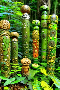 An olive green jungle with yo-yos designed in pacific Northwest totem poles painted by Henri-Robert Bresil