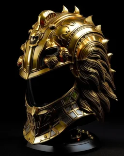 Gold metal trump themed armor black trim, glowing gold eyes, the helmet is fully covered, the helmet lion themed