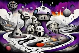 whimsical, weird ball-like houses in weird whimsical landscape, futur-surreal vibe with abstractions, around surreal cracked painted weird land with dark purple, gray, black, white, brown, and deep colors. style of Chagall , of Minjae Lee and Tim Burton, absurd beauty picture. weird bizarre absurd, nightmare, neuron network background, surreal cinematic vibe