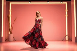 picture of lady with a maxi dress cifi stye design posing in a modern art stage