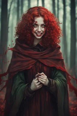 Evil sadistic eighteen-year-old girl, green eyes, blood-red curls, dressed with a brown cloak, smiling in the middle of the forest, covered in blood