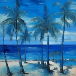 A blue beach with palm trees painted by Max Ernst